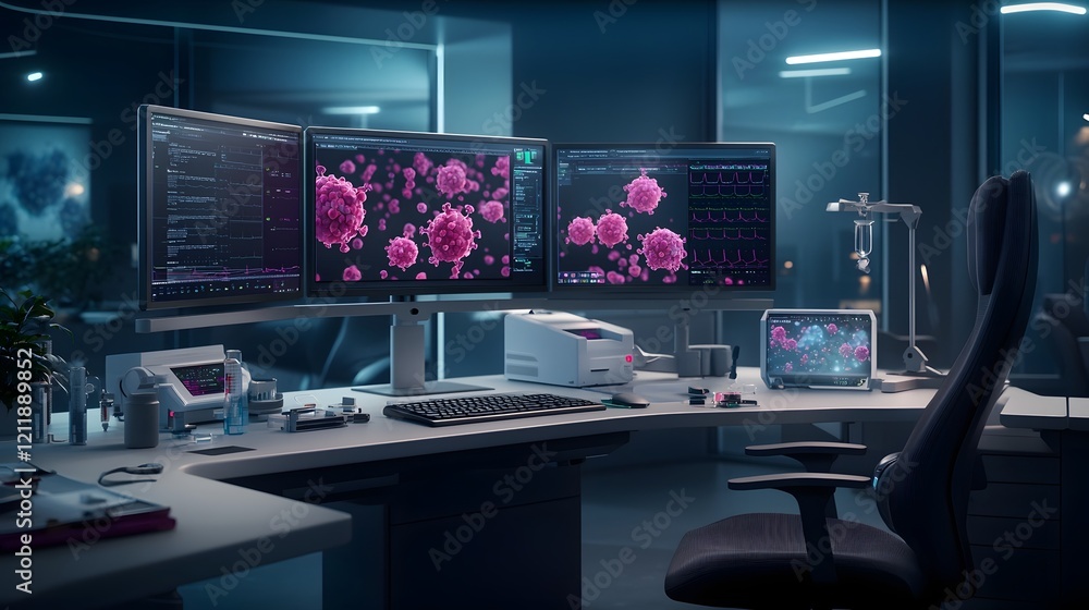 Poster futuristic healthcare setup harnessing quantum computing to simulate and visualize the complex inter