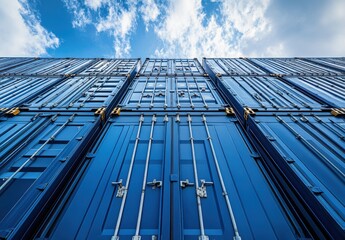 A Captivating Low-Angle View of Stacked Blue Shipping Containers Against a Bright Sky with Wispy Clouds, Perfect for Maritime and Logistics Imagery