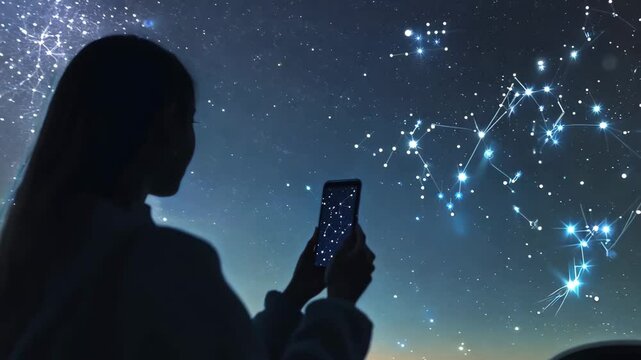 A silhouette of a woman holding a smartphone under a star-filled sky, using an astronomy app to explore constellations and celestial patterns.