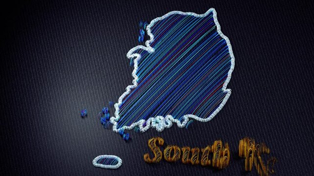 3D animation of an embroidered map of South Korea. The colorful threads and fabric are shown from various perspectives, with motion effects highlighting the details and the word South Korea.