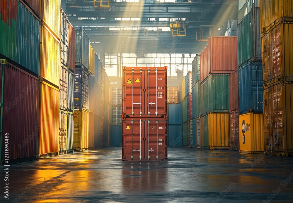 Poster a vibrant cargo container warehouse bathed in rays of light with colorful shipping containers stacke
