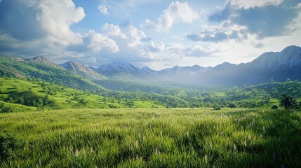 Obraz premium Sunny mountain meadow landscape, idyllic scene, travel, nature background, postcard