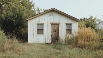 Obraz premium Rustic white shed in overgrown field.