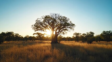 Sunset silhouette of baobab tree in African savanna; peaceful landscape for travel posters