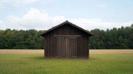 Obraz premium Rustic wooden shed in a grassy field, under a partly cloudy sky.