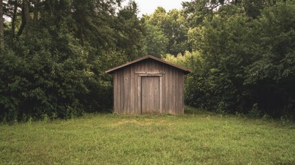 Rustic wooden shed in a lush green forest clearing.