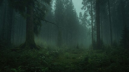 Obraz premium Rainy forest path, misty scene, nature background, ideal for fantasy or mystery