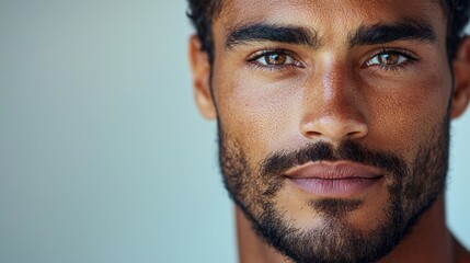 Fototapeta premium In a well-lit setting, a confident mixed race man gazes directly at the viewer, showcasing striking features that display strength and character