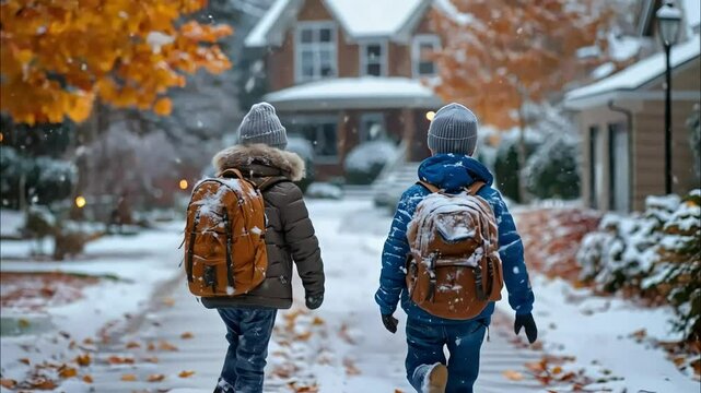 Two children with backpacks are walking to school along a suburban street. It is winter weather, it is snowing.	