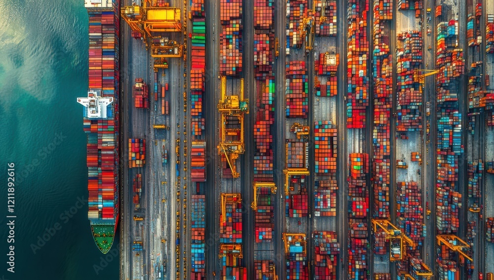 Poster aerial view of a busy shipping container port with colorful freight containers and cranes overlookin