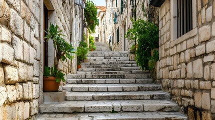 Obraz premium Steep stone staircase in a narrow, sunlit European alleyway, flanked by old stone buildings and potted plants; ideal for travel, tourism, and architecture websites