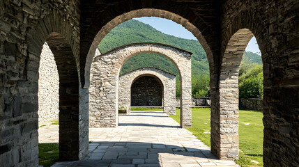 Naklejka premium Stone archway walkway, mountain backdrop, sunlight, serene landscape, architectural detail, travel destination