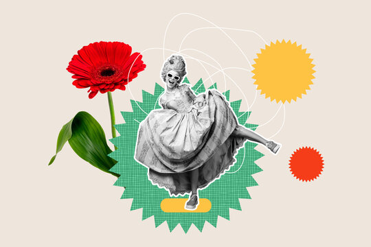 Contemporary poster trend art collage of happy royal queen dance international woman day holiday gerbera flower occasion