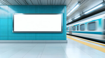 Subway station blank billboard ad space, train arriving, bright lighting, modern platform