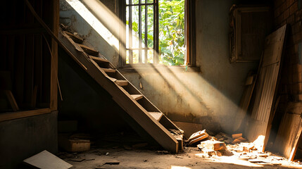 Sunbeams illuminate decaying wooden stairs in an abandoned building, debris scattered on the floor; ideal for themes of ruin, decay, or forgotten places