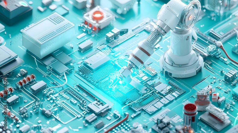 Poster detailed quantum computing simulation showcasing prototypes of advanced robotic surgery devices desi
