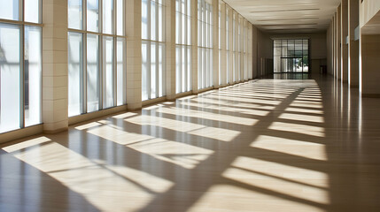 Sunlit corridor, modern building, bright interior,  wooden floor, exit visible, office space architecture