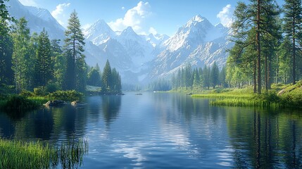 Naklejka premium Serene mountain lake reflecting snow-capped peaks under a bright summer sky.