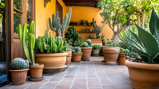 Sunlit courtyard with diverse cacti and succulents, terracotta pots, tiled floor, and lush greenery in the background; ideal for home decor, gardening, or travel websites