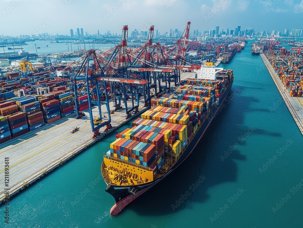 Poster aerial view of a busy shipping port with container ship docked alongside cranes surrounded by cargo 