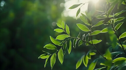 Sunlit green leaves, forest background, nature photography, perfect for eco-friendly projects