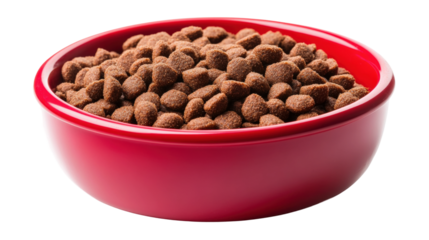 Quality pet food in a vibrant red bowl ready for feeding time at home isolated on transparent background