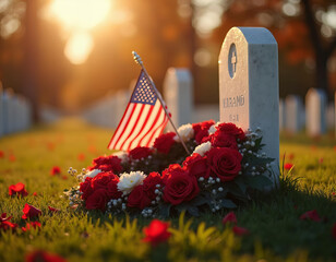 Close-up of a detailed wreath laid at a veterans' grave on Veterans Day, ultra-detailed and peaceful, symbolizing remembrance and gratitude