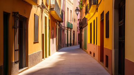 Obraz premium Sunlit narrow street, vibrant buildings, shadows, Spanish city, travel photography