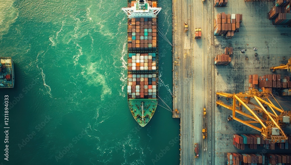 Poster aerial view of a cargo ship docking at a busy port surrounded by colorful shipping containers and in