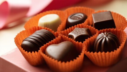 A variety of luxurious handmade chocolates in elegant gift box with vibrant packaging that showcase intricate designs and rich textures. Perfect for illustrating festive, romantic or special occasions