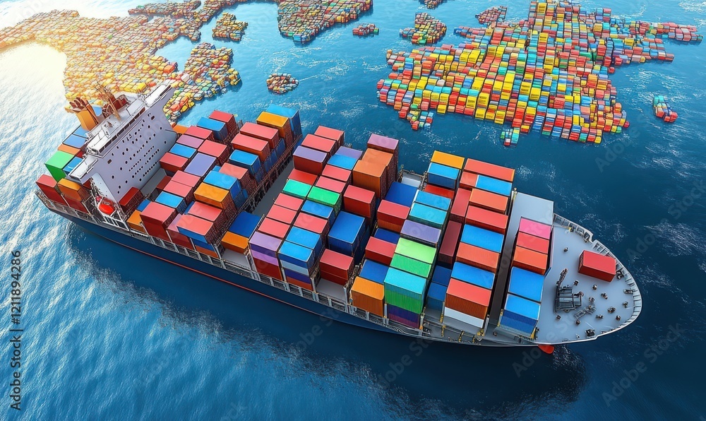 Poster aerial view of a cargo ship loaded with colorful shipping containers navigating through a busy marit