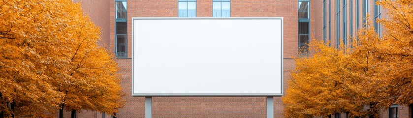 Fototapeta premium A large, blank billboard stands between vibrant orange trees and brick buildings, creating a striking urban scene.