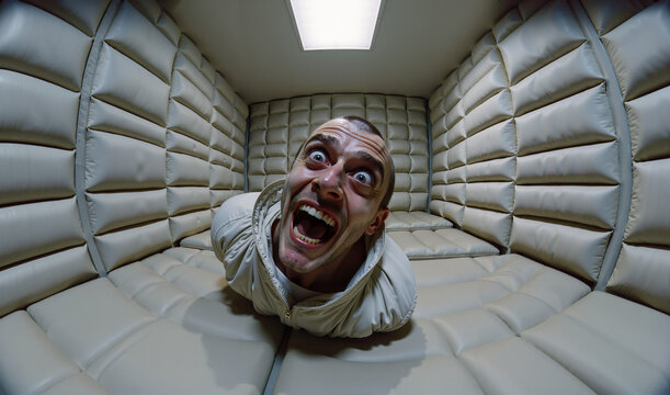 Man Screaming Inside a Padded Cell Wearing a Straitjacket