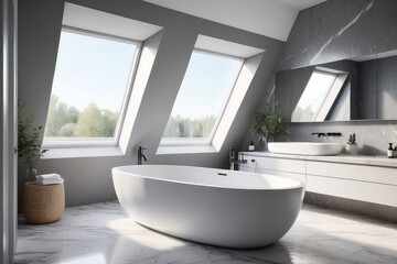 Fototapeta premium bathroom accessories. Modern glamour interior concept, roof window, Light Gray wall background