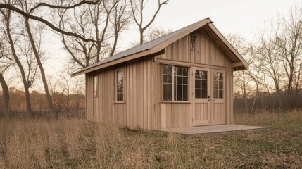 Small wooden cabin in a field.