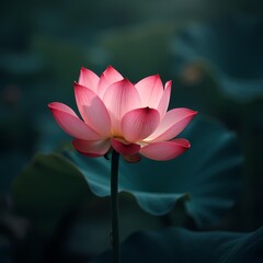 Obraz premium Ethereal Lotus Bloom This image captures the serene beauty and delicate nature of a lotus flower. Its soft pink petals and the subtle interplay of light create a calming and elegant visual. The