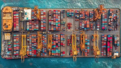 Fototapeta premium Aerial View of a Container Ship Loaded with Colorful Cargo Containers at a Busy Port Surrounded by Clear Blue Water in a Shipping and Logistics Environment