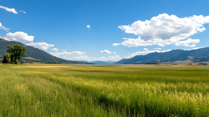 Fototapeta premium Sunny valley landscape, green field, mountains, blue sky, summer day, nature background, travel poster