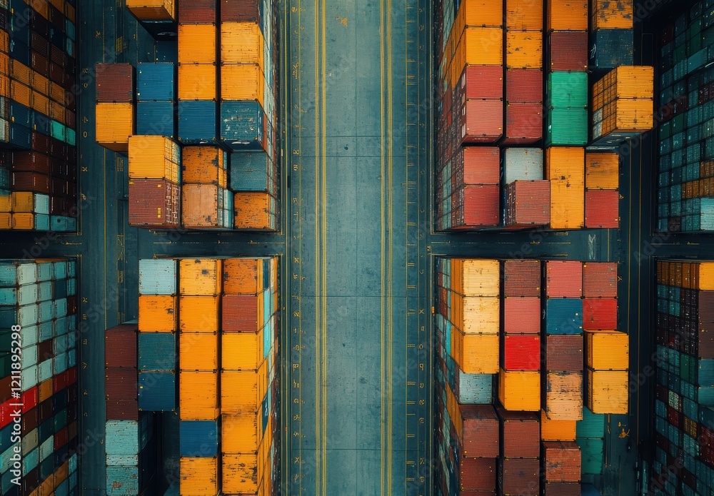 Poster aerial view of a container yard filled with colorful cargo containers in organized rows, captured fr