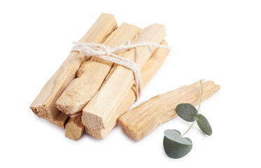 Palo santo sticks and eucalyptus branch isolated on white