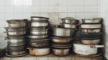 Fototapeta premium Stack of dirty, used, and old metal pots and pans in a kitchen.