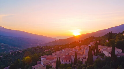 Sunset over hilltop village in mountain valley.  Peaceful evening scene, ideal for travel brochures
