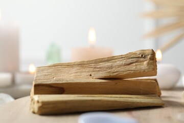 Palo santo wood sticks on table, closeup