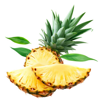 Half of a fresh pineapple with bright yellow flesh and green spiky leaves, isolated on white transparent background, symbolizing tropical freshness