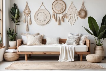 ethno living room with daybed, pillows, hanging decoration, Pristine white