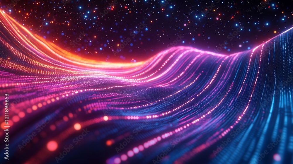 Poster abstract landscape with flowing light lines and stardust effect in deep colors