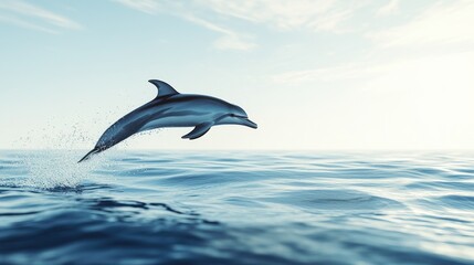 Dolphin leaping ocean sunrise; calm sea background; wildlife, nature imagery