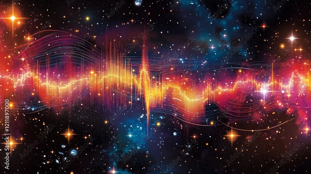 Poster abstract cosmic energy waves flow through a star-studded galaxy backdrop with vibrant color gradient