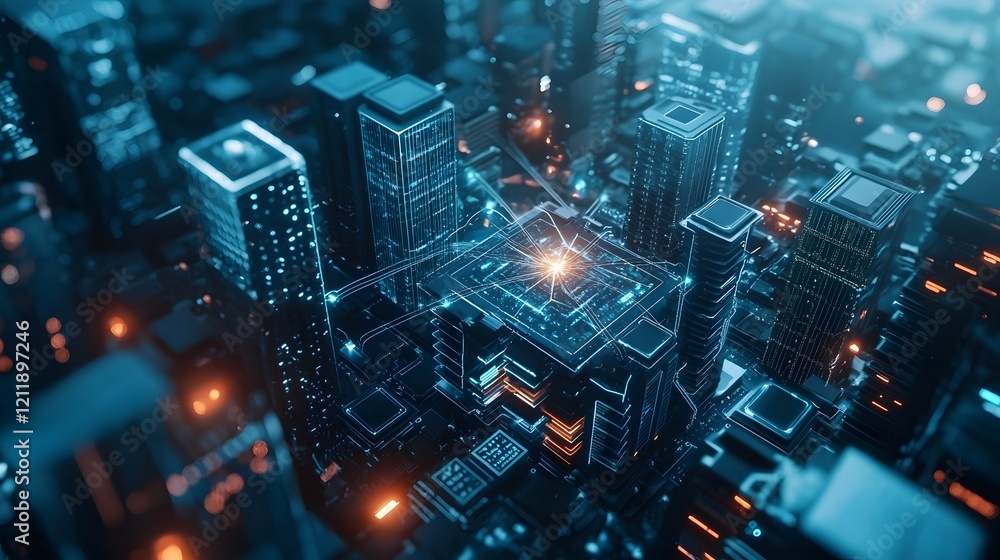 Poster futuristic cityscape of interconnected skyscrapers powered by quantum computing showcasing advanced 
