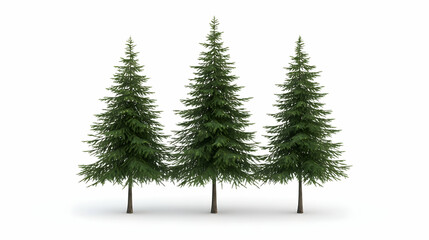 Three evergreen trees isolated on white background, ideal for holiday cards or nature designs